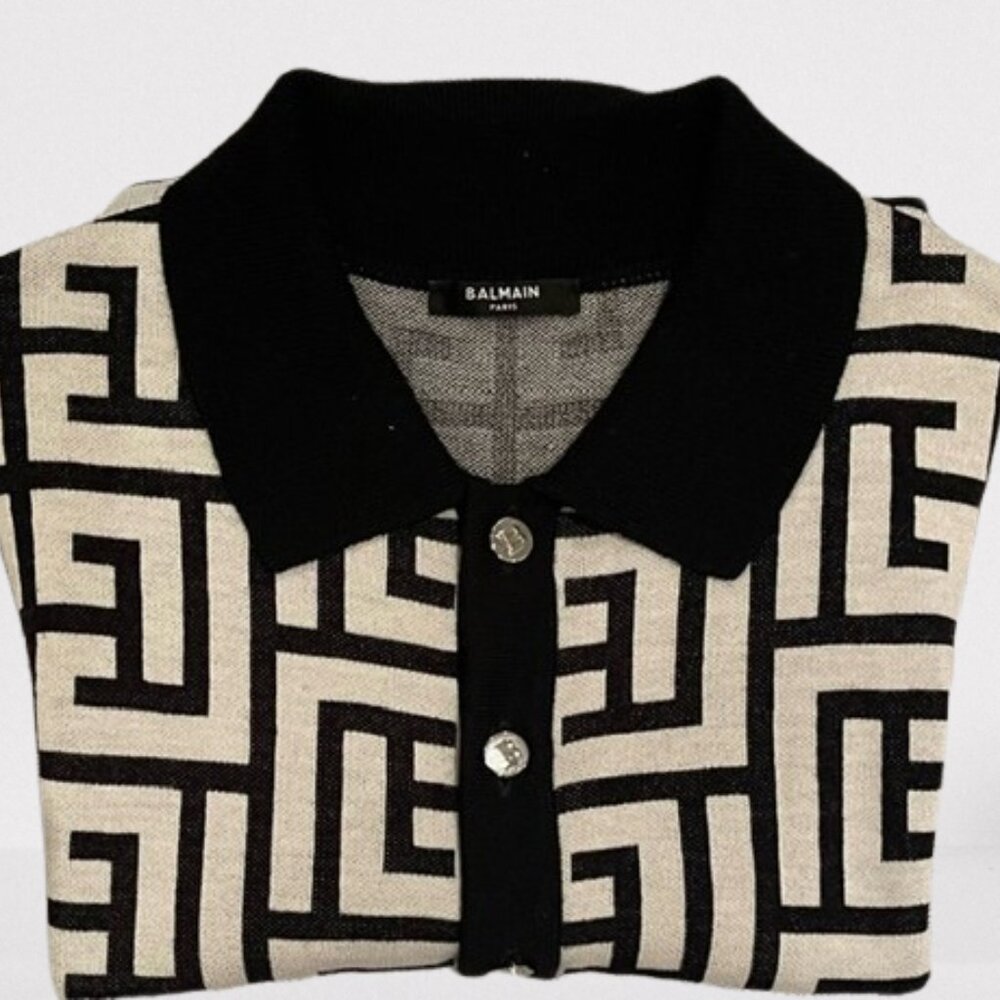 Balmain Men Monogram Wool & Linen Polo Shirt